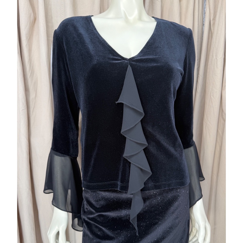 Vintage 90s Black Velvet Top 10 Bell Sleeve Ruffle Whimsigoth USA